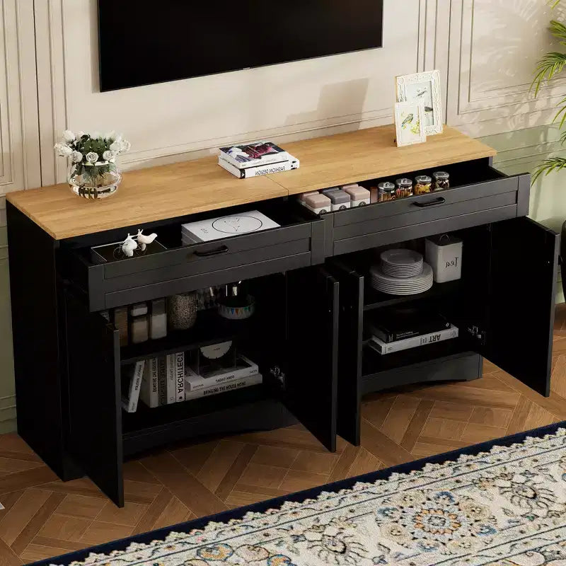Meuble TV de ferme avec 2 tiroirs pour téléviseurs jusqu'à 70 pouces, buffet polyvalent en grain de bois, meuble de rangement de style Mid-Century