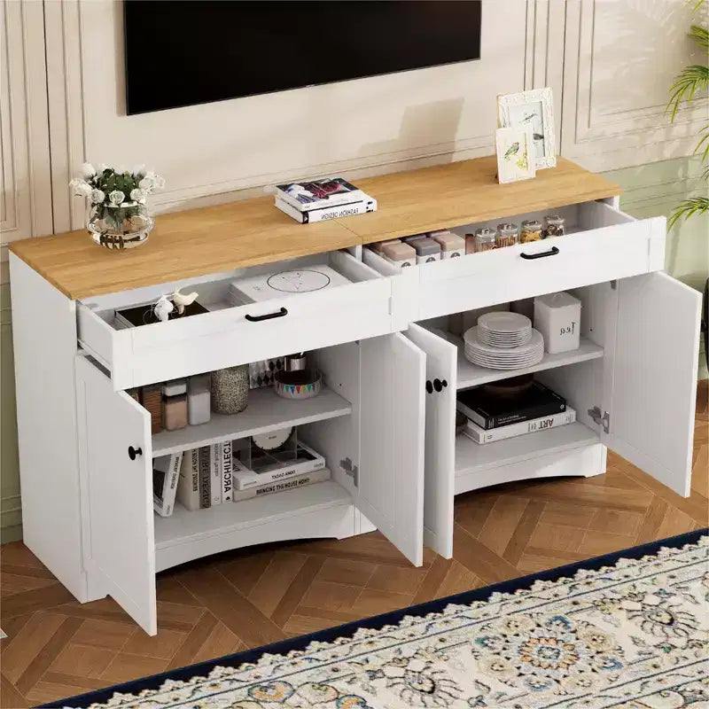 Meuble TV de ferme avec 2 tiroirs pour téléviseurs jusqu'à 70 pouces, buffet polyvalent en grain de bois, meuble de rangement de style Mid-Century