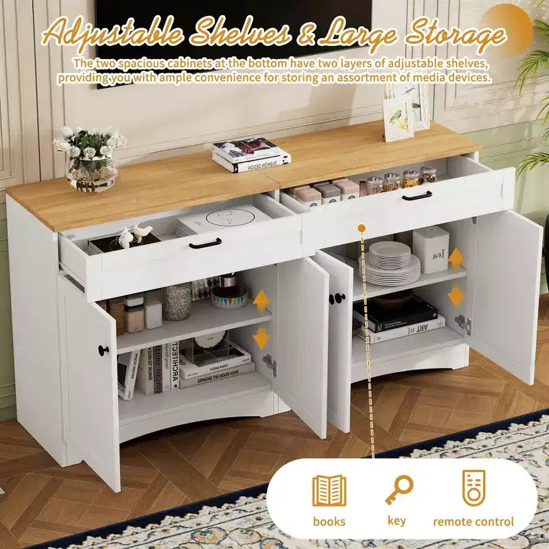 Meuble TV de ferme avec 2 tiroirs pour téléviseurs jusqu'à 70 pouces, buffet polyvalent en grain de bois, meuble de rangement de style Mid-Century