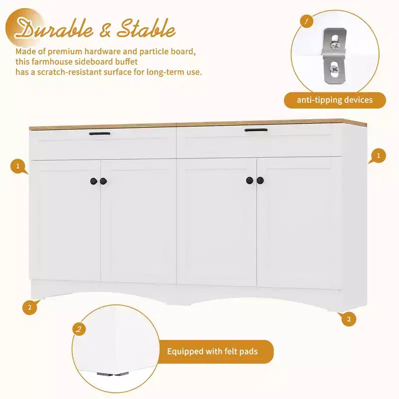Meuble TV de ferme avec 2 tiroirs pour téléviseurs jusqu'à 70 pouces, buffet polyvalent en grain de bois, meuble de rangement de style Mid-Century