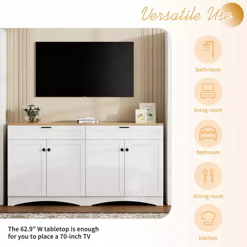 Meuble TV de ferme avec 2 tiroirs pour téléviseurs jusqu'à 70 pouces, buffet polyvalent en grain de bois, meuble de rangement de style Mid-Century