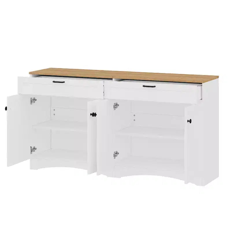 Meuble TV de ferme avec 2 tiroirs pour téléviseurs jusqu'à 70 pouces, buffet polyvalent en grain de bois, meuble de rangement de style Mid-Century