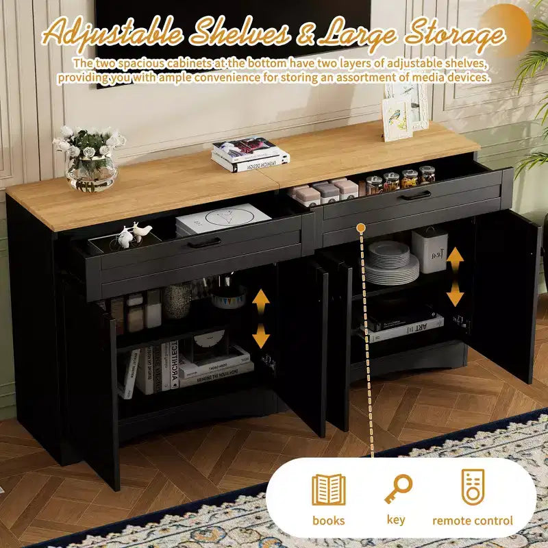 Meuble TV de ferme avec 2 tiroirs pour téléviseurs jusqu'à 70 pouces, buffet polyvalent en grain de bois, meuble de rangement de style Mid-Century