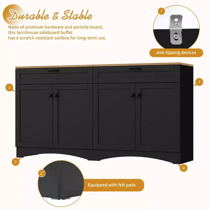 Meuble TV de ferme avec 2 tiroirs pour téléviseurs jusqu'à 70 pouces, buffet polyvalent en grain de bois, meuble de rangement de style Mid-Century