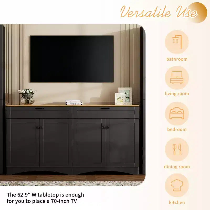 Meuble TV de ferme avec 2 tiroirs pour téléviseurs jusqu'à 70 pouces, buffet polyvalent en grain de bois, meuble de rangement de style Mid-Century
