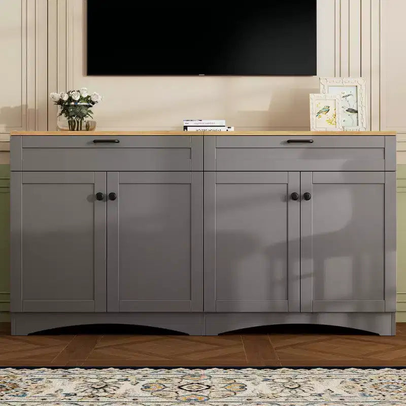 Meuble TV de ferme avec 2 tiroirs pour téléviseurs jusqu'à 70 pouces, buffet polyvalent en grain de bois, meuble de rangement de style Mid-Century