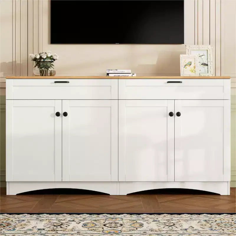 Meuble TV de ferme avec 2 tiroirs pour téléviseurs jusqu'à 70 pouces, buffet polyvalent en grain de bois, meuble de rangement de style Mid-Century