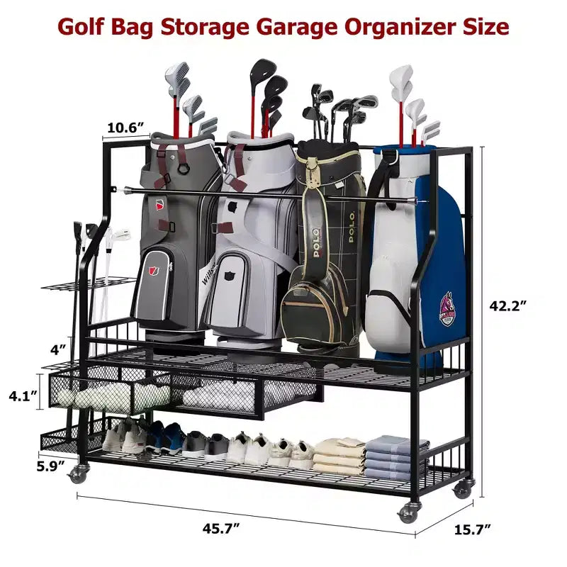 Organisateur de sac de golf mobile, Organisateur de rangement de sac de golf tout-en-un pour garage, Organisateur d'équipement de sport, Organisateur de rangement de sac de golf pour garage avec paniers