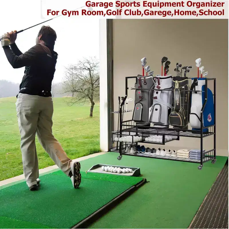 Organisateur de sac de golf mobile, Organisateur de rangement de sac de golf tout-en-un pour garage, Organisateur d'équipement de sport, Organisateur de rangement de sac de golf pour garage avec paniers
