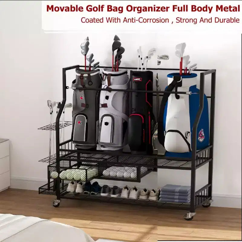 Organisateur de sac de golf mobile, Organisateur de rangement de sac de golf tout-en-un pour garage, Organisateur d'équipement de sport, Organisateur de rangement de sac de golf pour garage avec paniers