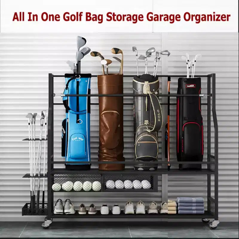 Organisateur de sac de golf mobile, Organisateur de rangement de sac de golf tout-en-un pour garage, Organisateur d'équipement de sport, Organisateur de rangement de sac de golf pour garage avec paniers