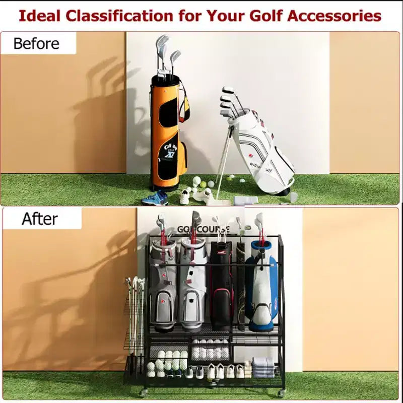 Organisateur de sac de golf mobile, Organisateur de rangement de sac de golf tout-en-un pour garage, Organisateur d'équipement de sport, Organisateur de rangement de sac de golf pour garage avec paniers