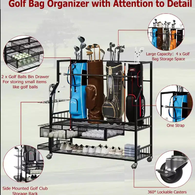 Organisateur de sac de golf mobile, Organisateur de rangement de sac de golf tout-en-un pour garage, Organisateur d'équipement de sport, Organisateur de rangement de sac de golf pour garage avec paniers