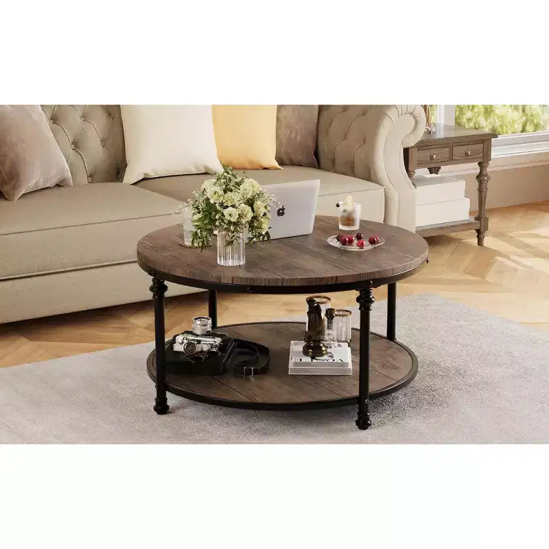 Table basse ronde, table basse en bois à 2 niveaux avec cadre en métal, table basse circulaire rustique vintage avec rangement