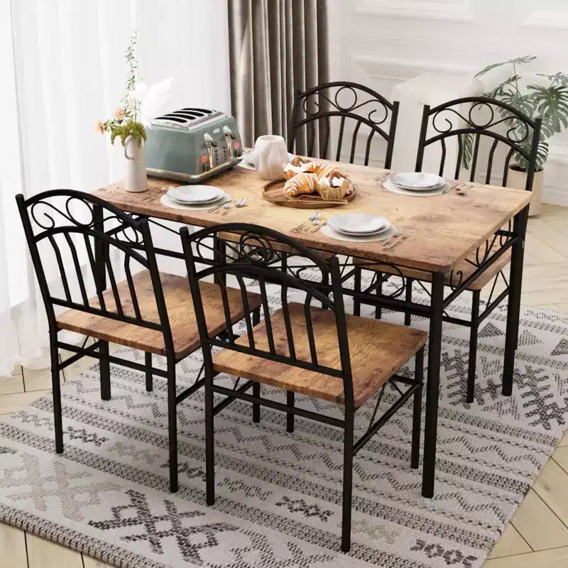 Table et Chaises de Salle à Manger Rétro Industrielle, Table et Chaises en Bois pour Petit Espace, 1 Table + 4 Chaises (Marron Rustique)