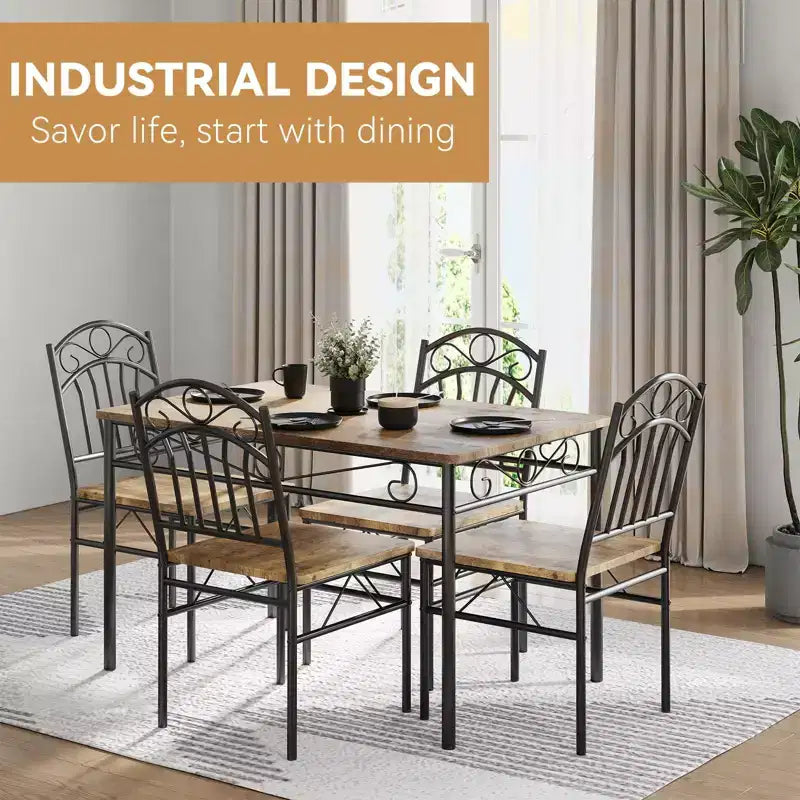 Table et Chaises de Salle à Manger Rétro Industrielle, Table et Chaises en Bois pour Petit Espace, 1 Table + 4 Chaises (Marron Rustique)