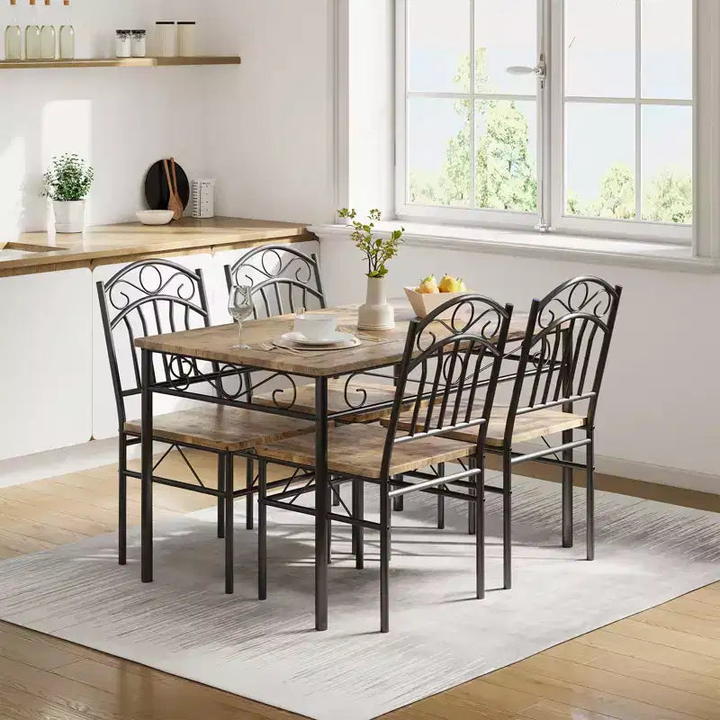 Table et Chaises de Salle à Manger Rétro Industrielle, Table et Chaises en Bois pour Petit Espace, 1 Table + 4 Chaises (Marron Rustique)