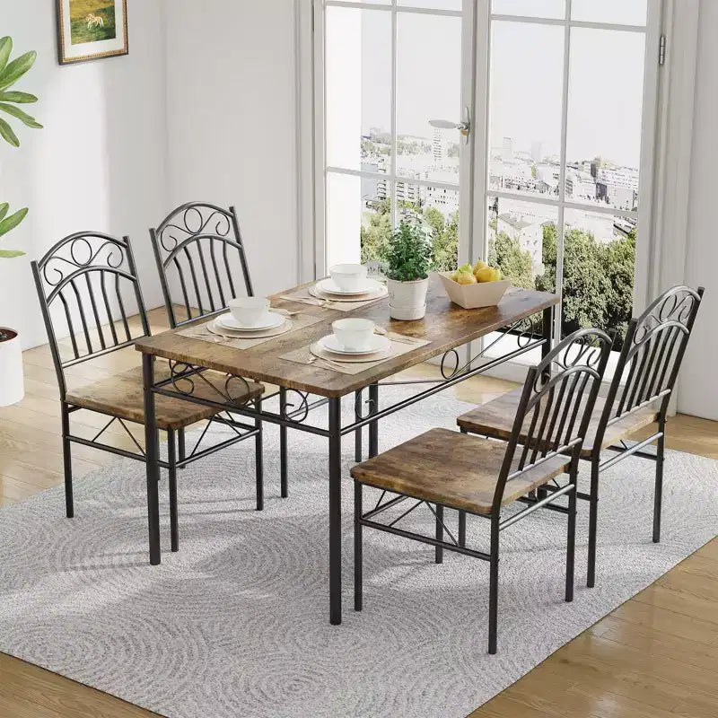 Table et Chaises de Salle à Manger Rétro Industrielle, Table et Chaises en Bois pour Petit Espace, 1 Table + 4 Chaises (Marron Rustique)