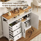 47.2 Buffet de cuisine moderne style Ferme avec rangement, prise de courant intégrée, 3 tiroirs et 2 portes coulissantes, Grande table de bar à café en bois