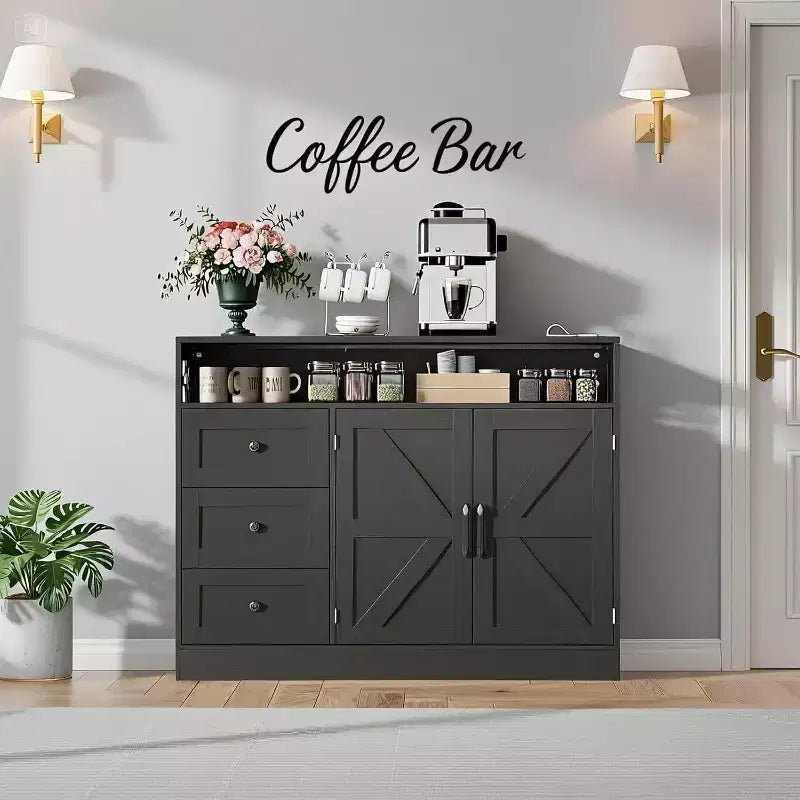 47.2 Buffet de cuisine moderne style Ferme avec rangement, prise de courant intégrée, 3 tiroirs et 2 portes coulissantes, Grande table de bar à café en bois