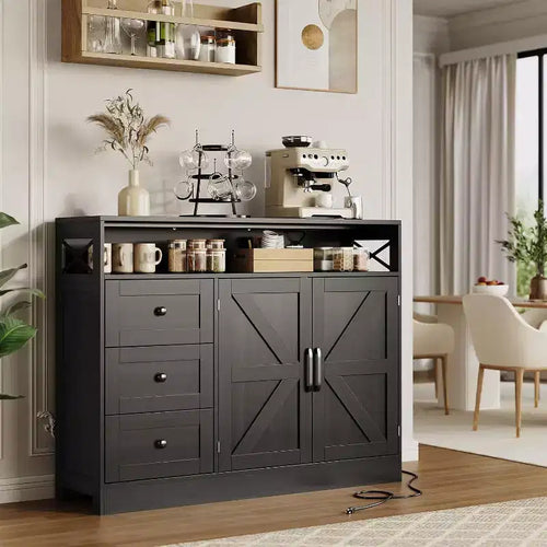 47.2 Modern Farmhouse Sideboard Buffet Cabinet with Storage, Built-in Power Outlet, 3 Drawers & 2 Barn Doors, Large Wood Coffee Bar Table