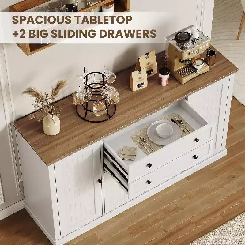 Buffet de ferme 58 po avec tiroirs, grand meuble de bar à café en bois, armoire de rangement robuste avec étagères réglables