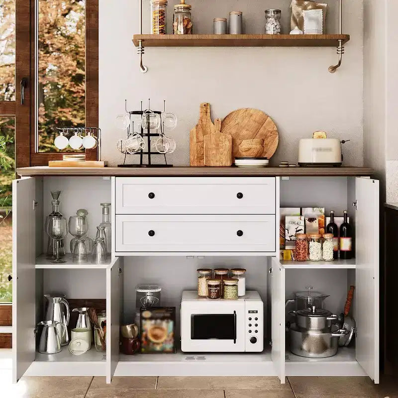 Buffet de ferme 58 po avec tiroirs, grand meuble de bar à café en bois, armoire de rangement robuste avec étagères réglables