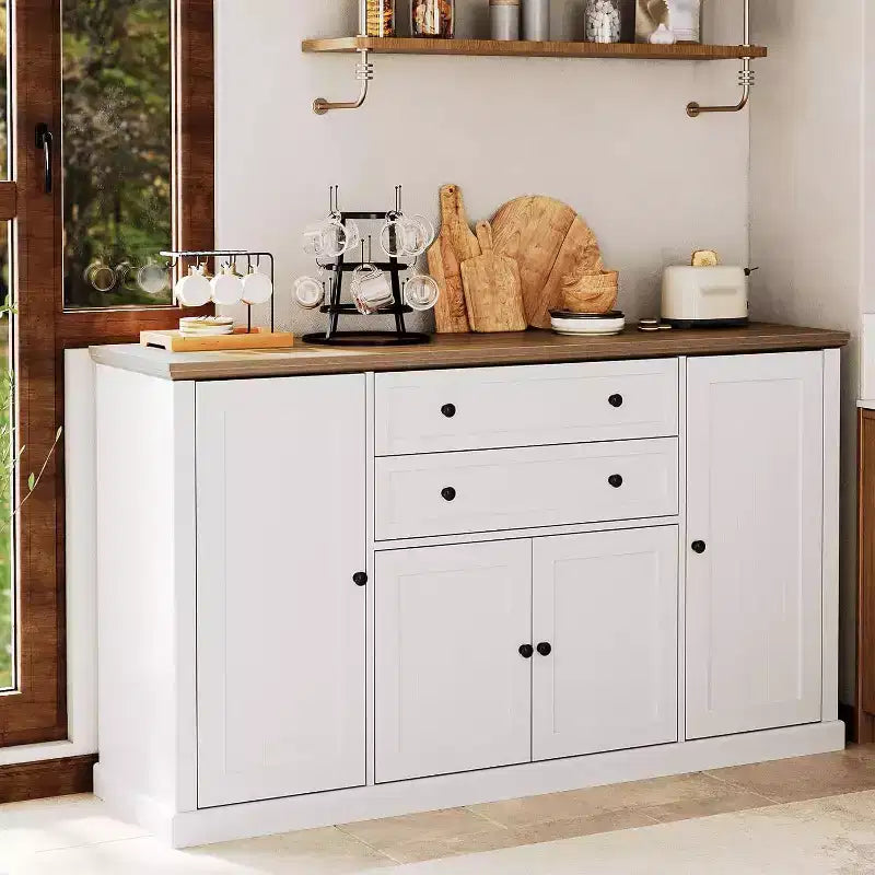 Buffet de ferme 58 po avec tiroirs, grand meuble de bar à café en bois, armoire de rangement robuste avec étagères réglables