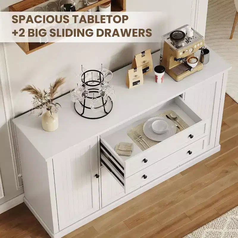 Buffet de ferme 58 po avec tiroirs, grand meuble de bar à café en bois, armoire de rangement robuste avec étagères réglables