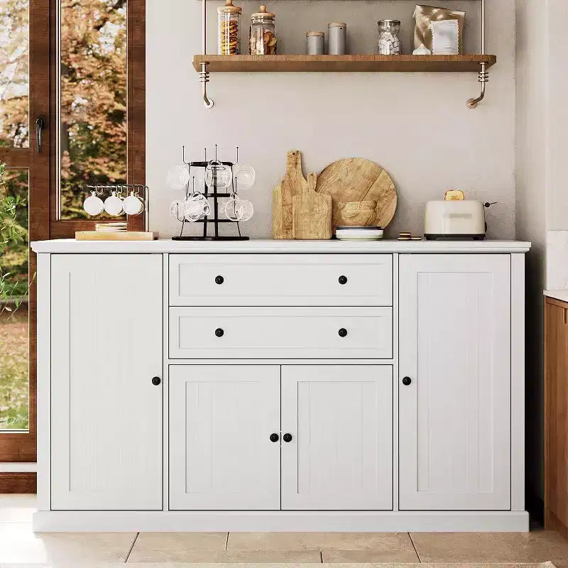 Buffet de ferme 58 po avec tiroirs, grand meuble de bar à café en bois, armoire de rangement robuste avec étagères réglables