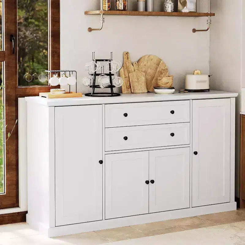 Buffet de ferme 58 po avec tiroirs, grand meuble de bar à café en bois, armoire de rangement robuste avec étagères réglables