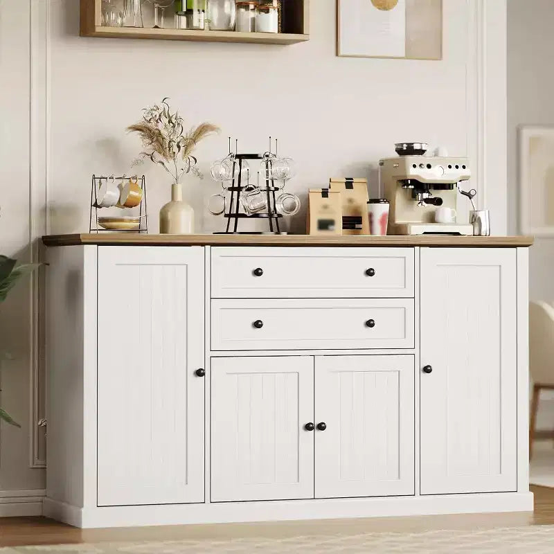 Buffet de ferme 58 po avec tiroirs, grand meuble de bar à café en bois, armoire de rangement robuste avec étagères réglables
