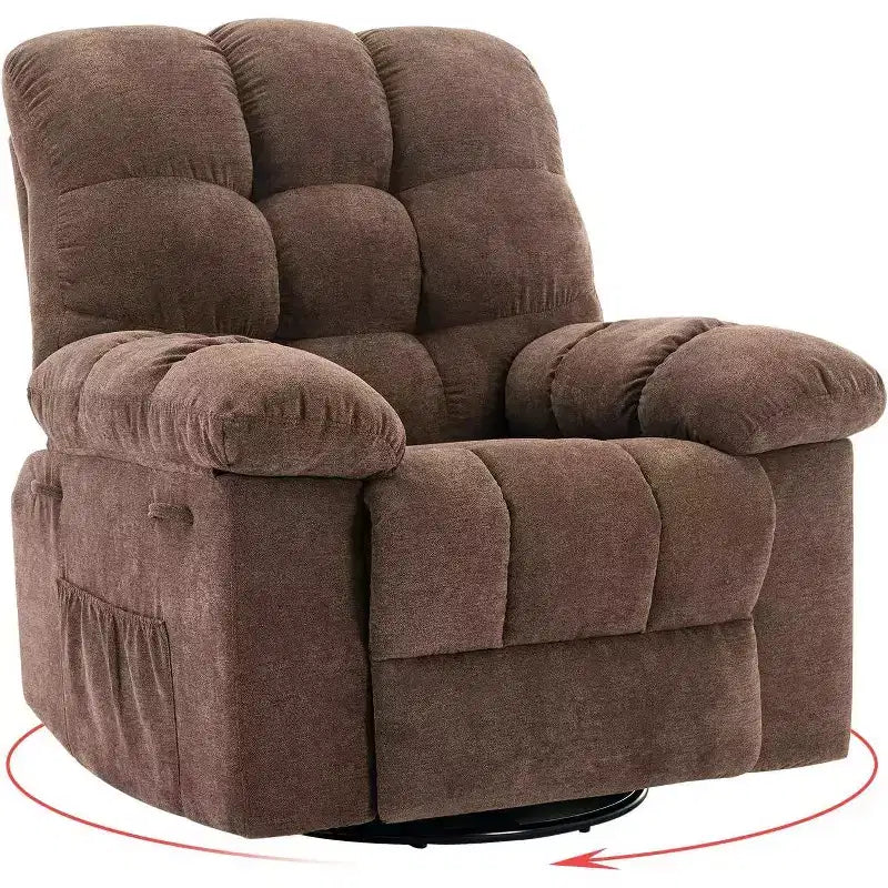 Fauteuil inclinable pivotant à 360° pour salon, fauteuil de nurserie planeur en tissu rembourré avec poches latérales pour petits espaces (marron)