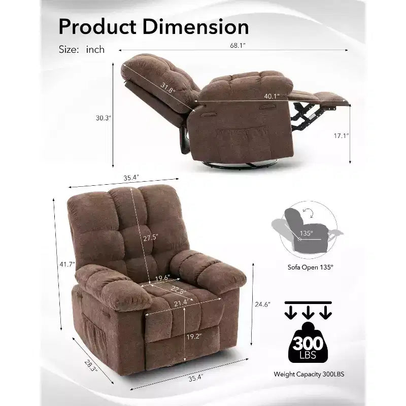 Fauteuil inclinable pivotant à 360° pour salon, fauteuil de nurserie planeur en tissu rembourré avec poches latérales pour petits espaces (marron)