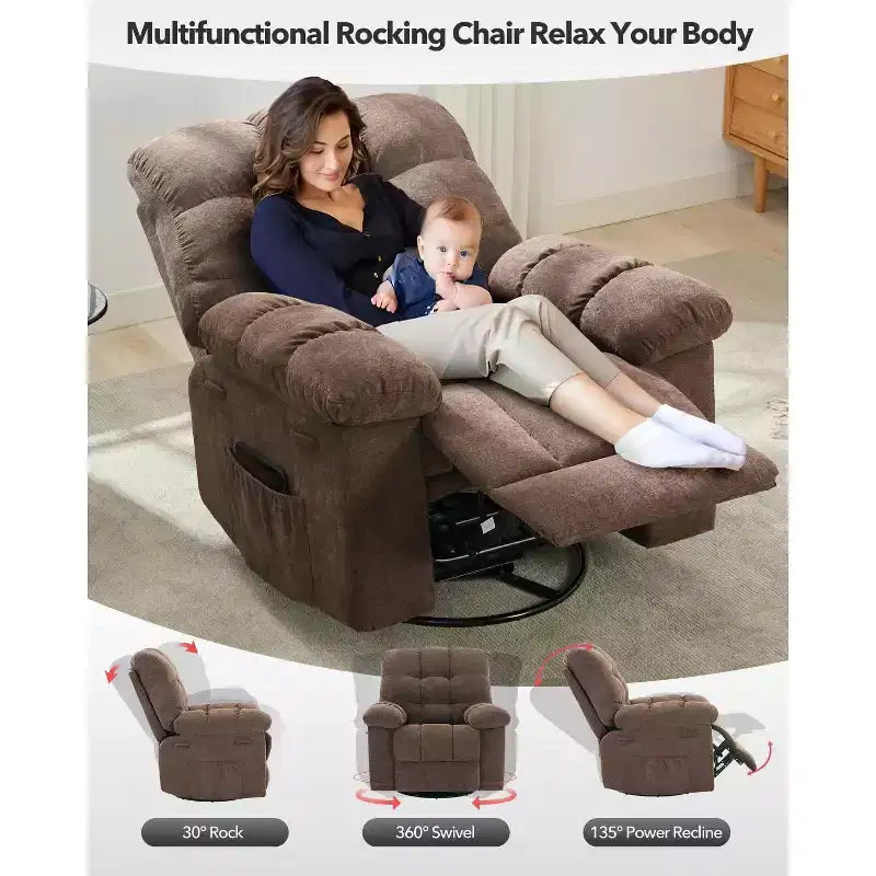Fauteuil inclinable pivotant à 360° pour salon, fauteuil de nurserie planeur en tissu rembourré avec poches latérales pour petits espaces (marron)
