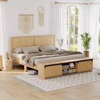 Cadre de lit en rotin naturel, taille Full/King, avec armoires de rangement coulissantes de type porte de grange, lit plateforme de style bohème-ferme, lattes silencieuses, pas besoin de sommier tapissier
