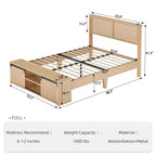 Cadre de lit en rotin naturel, taille Full/King, avec armoires de rangement coulissantes de type porte de grange, lit plateforme de style bohème-ferme, lattes silencieuses, pas besoin de sommier tapissier