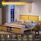 Cadre de lit en rotin naturel, taille Full/King, avec armoires de rangement coulissantes de type porte de grange, lit plateforme de style bohème-ferme, lattes silencieuses, pas besoin de sommier tapissier