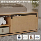 Cadre de lit en rotin naturel, taille Full/King, avec armoires de rangement coulissantes de type porte de grange, lit plateforme de style bohème-ferme, lattes silencieuses, pas besoin de sommier tapissier