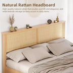 Cadre de lit en rotin naturel, taille Full/King, avec armoires de rangement coulissantes de type porte de grange, lit plateforme de style bohème-ferme, lattes silencieuses, pas besoin de sommier tapissier
