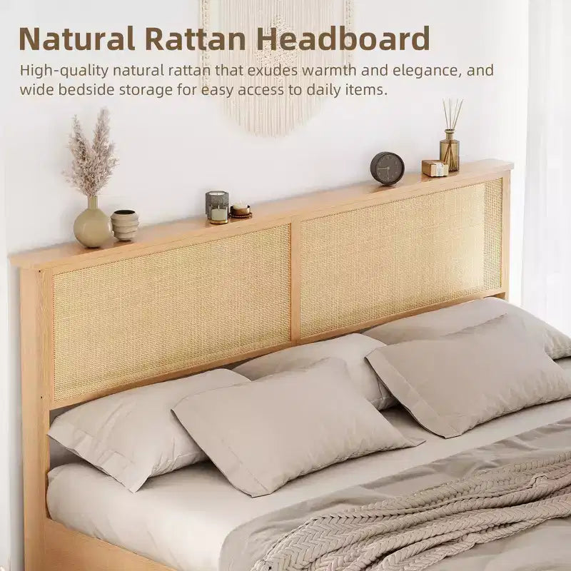 Cadre de lit en rotin naturel, taille Full/King, avec armoires de rangement coulissantes de type porte de grange, lit plateforme de style bohème-ferme, lattes silencieuses, pas besoin de sommier tapissier