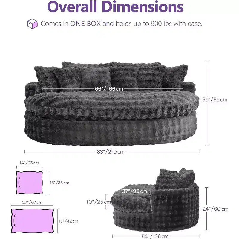 Canapé rond surdimensionné de 83 pouces, canapé-lit moelleux avec 6 oreillers, chaise longue ronde pour chambre à coucher, salon