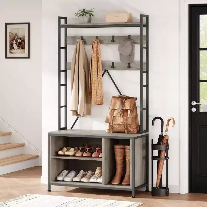 Portemanteau avec banc, porte-manteau industriel avec casiers de rangement, porte-manteau d'entrée avec rangement à chaussures