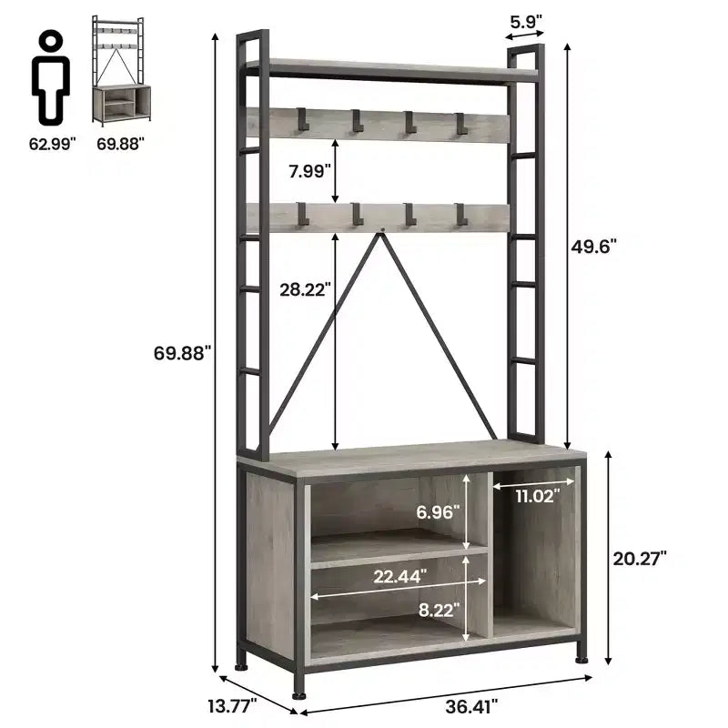 Portemanteau avec banc, porte-manteau industriel avec casiers de rangement, porte-manteau d'entrée avec rangement à chaussures