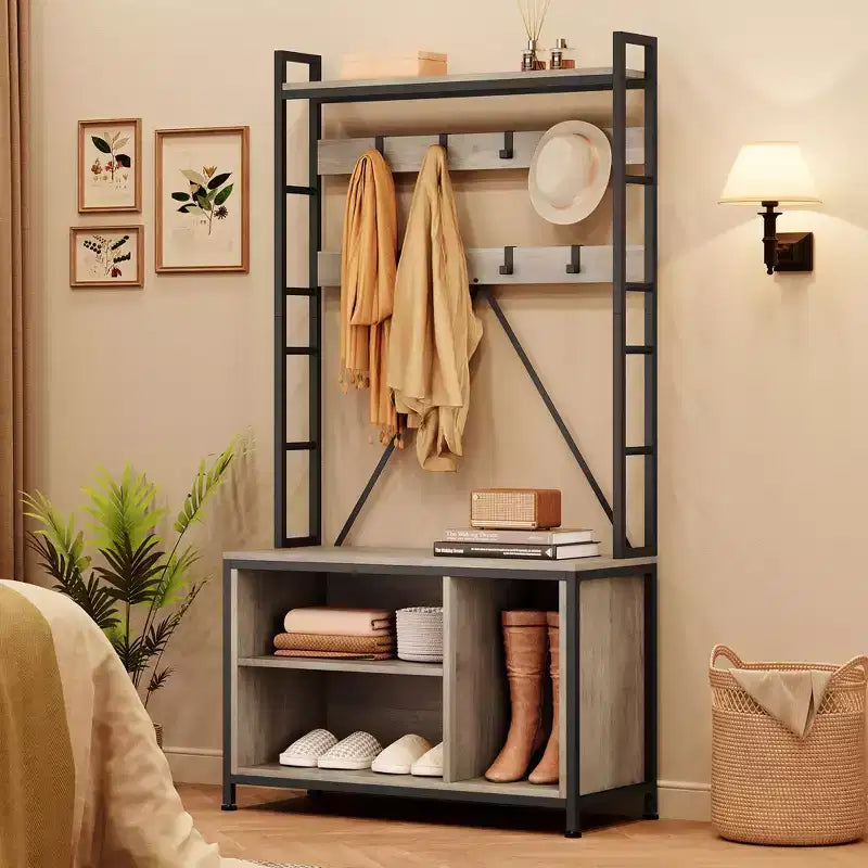 Portemanteau avec banc, porte-manteau industriel avec casiers de rangement, porte-manteau d'entrée avec rangement à chaussures