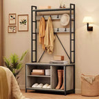 Portemanteau avec banc, porte-manteau industriel avec casiers de rangement, porte-manteau d'entrée avec rangement à chaussures