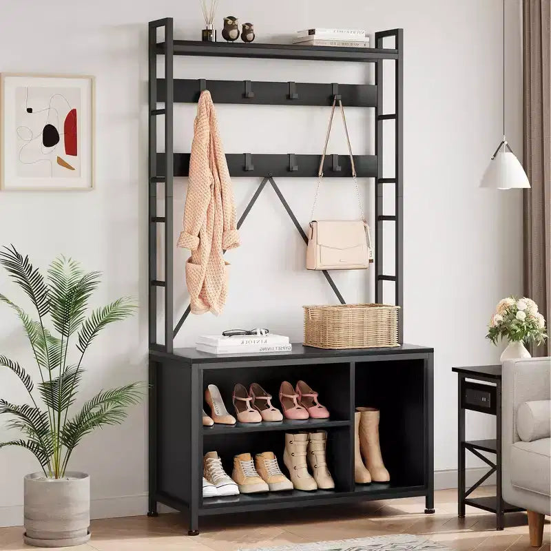 Portemanteau avec banc, porte-manteau industriel avec casiers de rangement, porte-manteau d'entrée avec rangement à chaussures