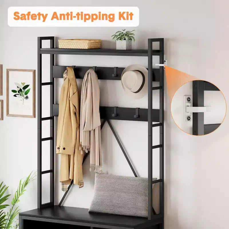 Portemanteau avec banc, porte-manteau industriel avec casiers de rangement, porte-manteau d'entrée avec rangement à chaussures