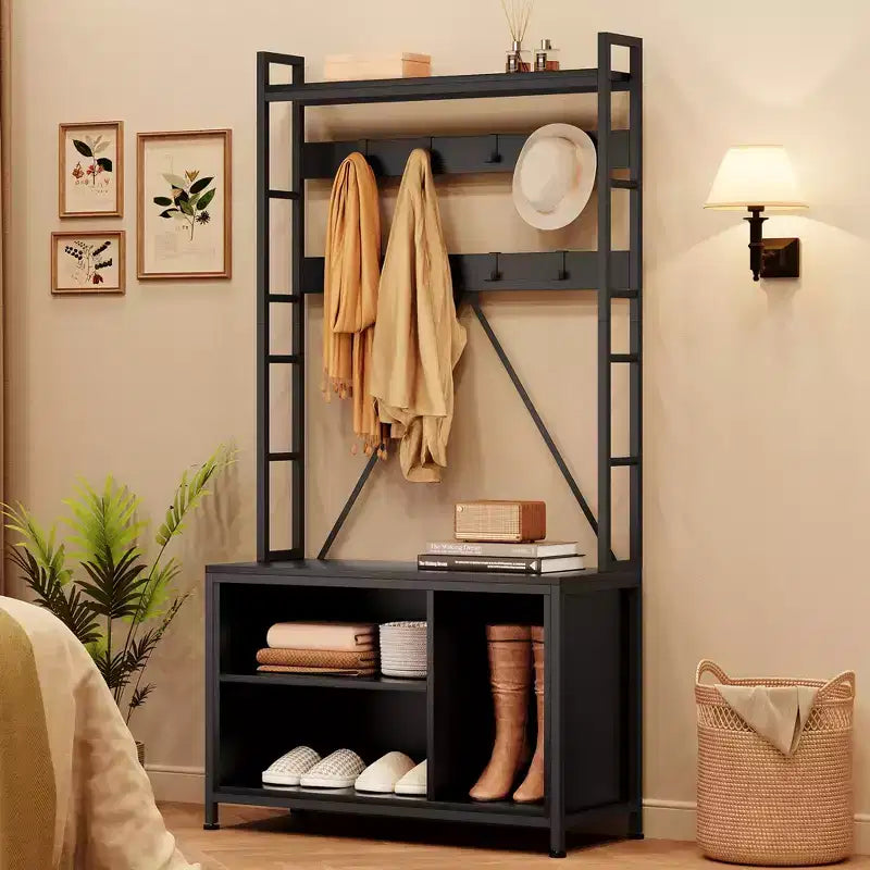 Portemanteau avec banc, porte-manteau industriel avec casiers de rangement, porte-manteau d'entrée avec rangement à chaussures