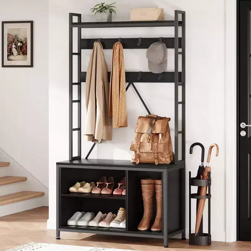 GustoWave Hall Tree with Bench Coat Rack Shoe Bench Industrial Coat Tree with Storage Cubbies Entryway Coat Rack with Shoe Storage